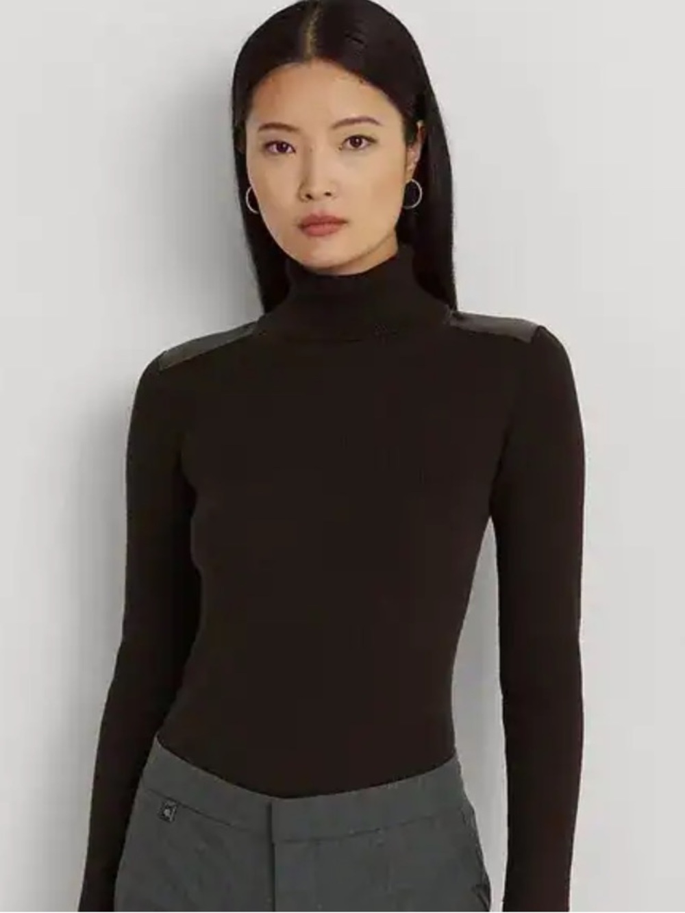 Lauren Ralph Lauren Brown Faux Leather Trim Ribbed Turtleneck Pullover Sweater
